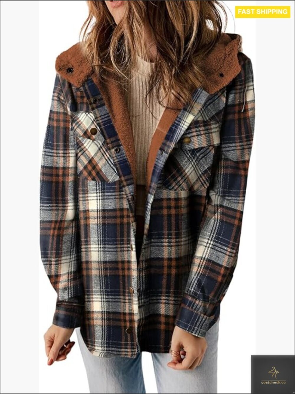 Plaid Fleece Lined Shacket Jacket Long Sleeve Button Down Hooded Coat Warm